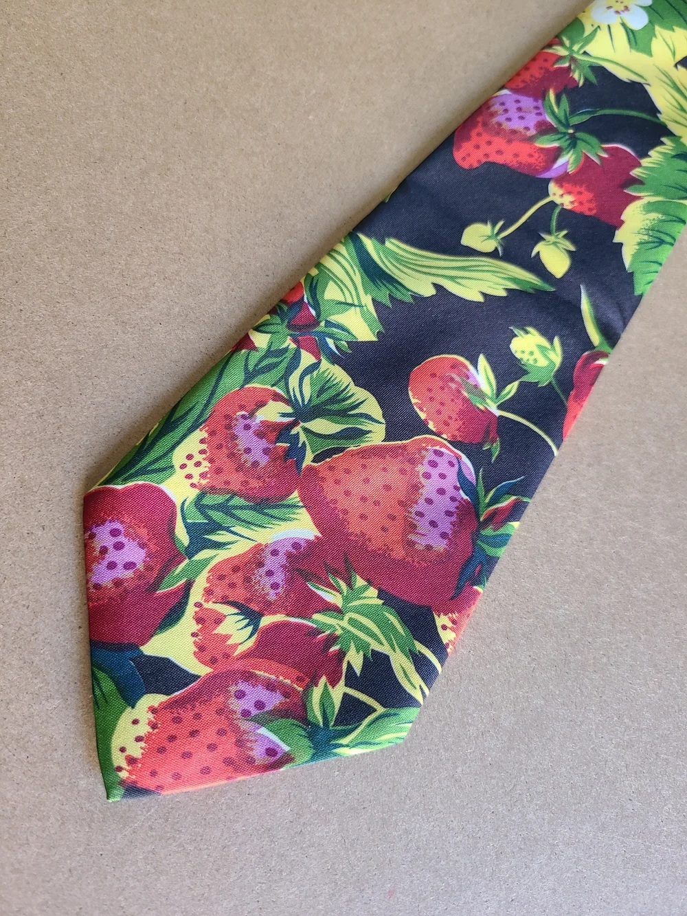 Strawberry Print Silk Tie - Black Background